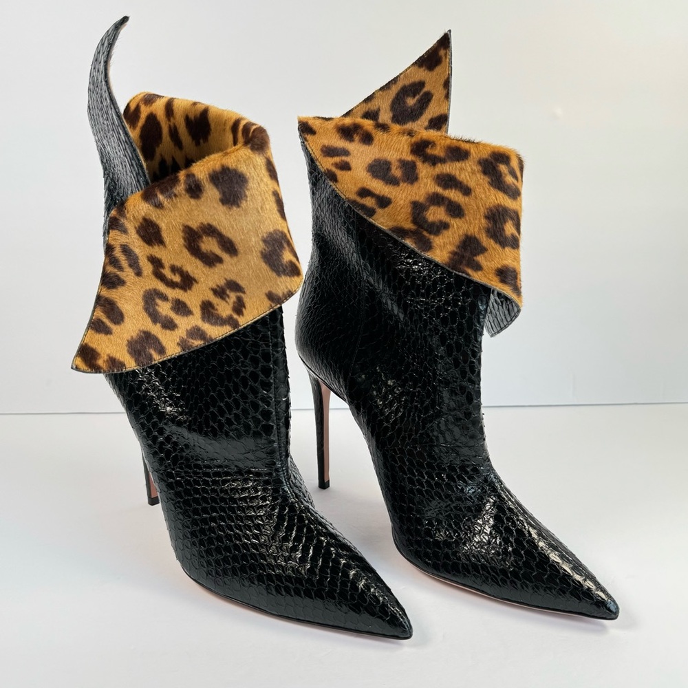 Aquazzura Black Snakeskin Pointed Toe Bootie with Leopard Print Cuff - Picture 2 of 12